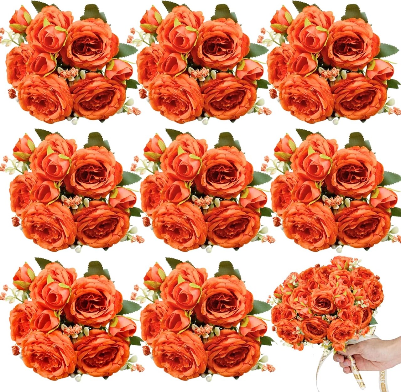 8PCS Orange Artificial Peony Flowers Bouquet, Silk Fall Peonies for DIY Wedding Arrangements, Autumn Centerpieces, Party Decorations, Home & Table Floral Decor